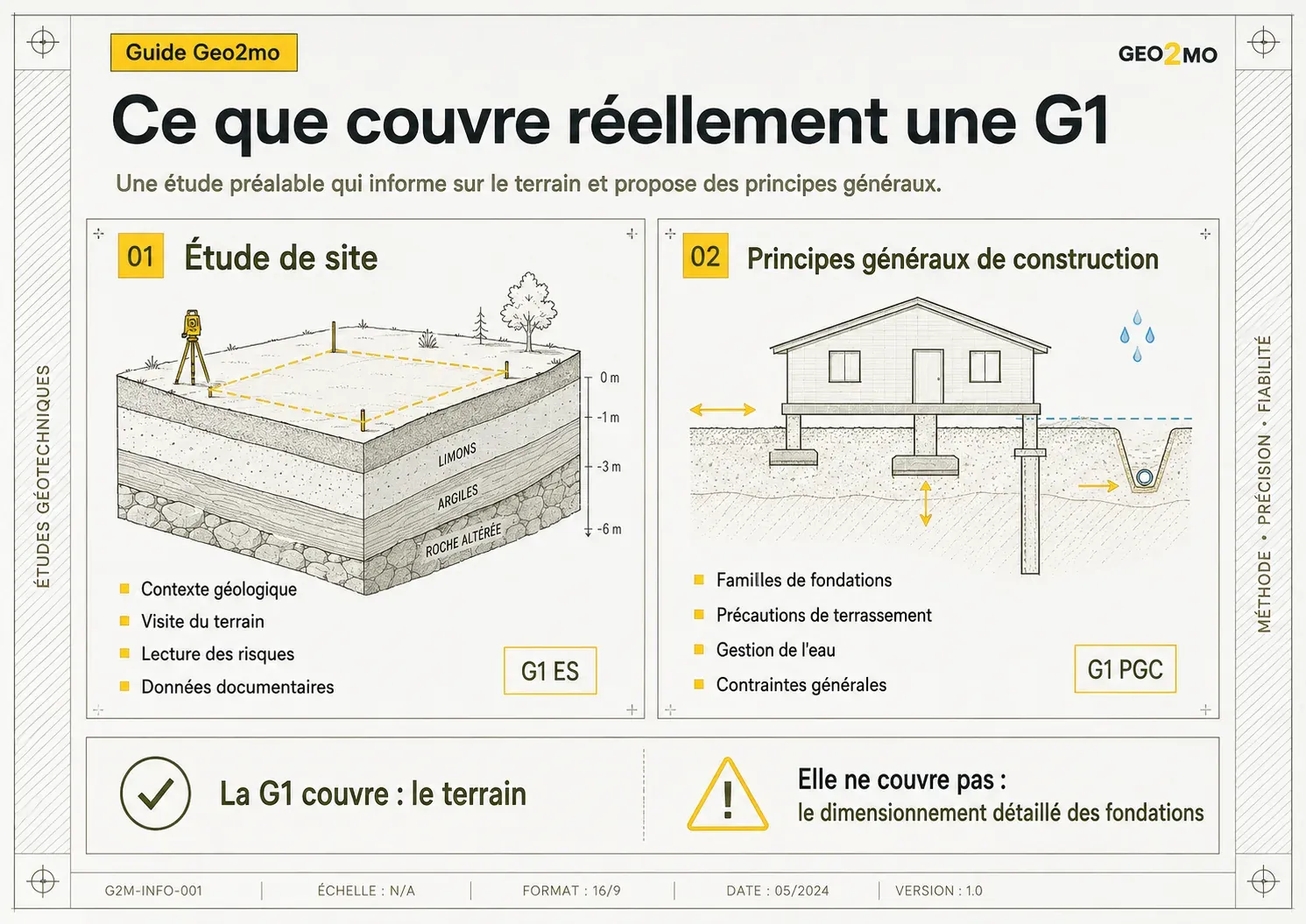 Schéma expliquant les phases G1 ES et G1 PGC et les limites d’une étude de sol G1