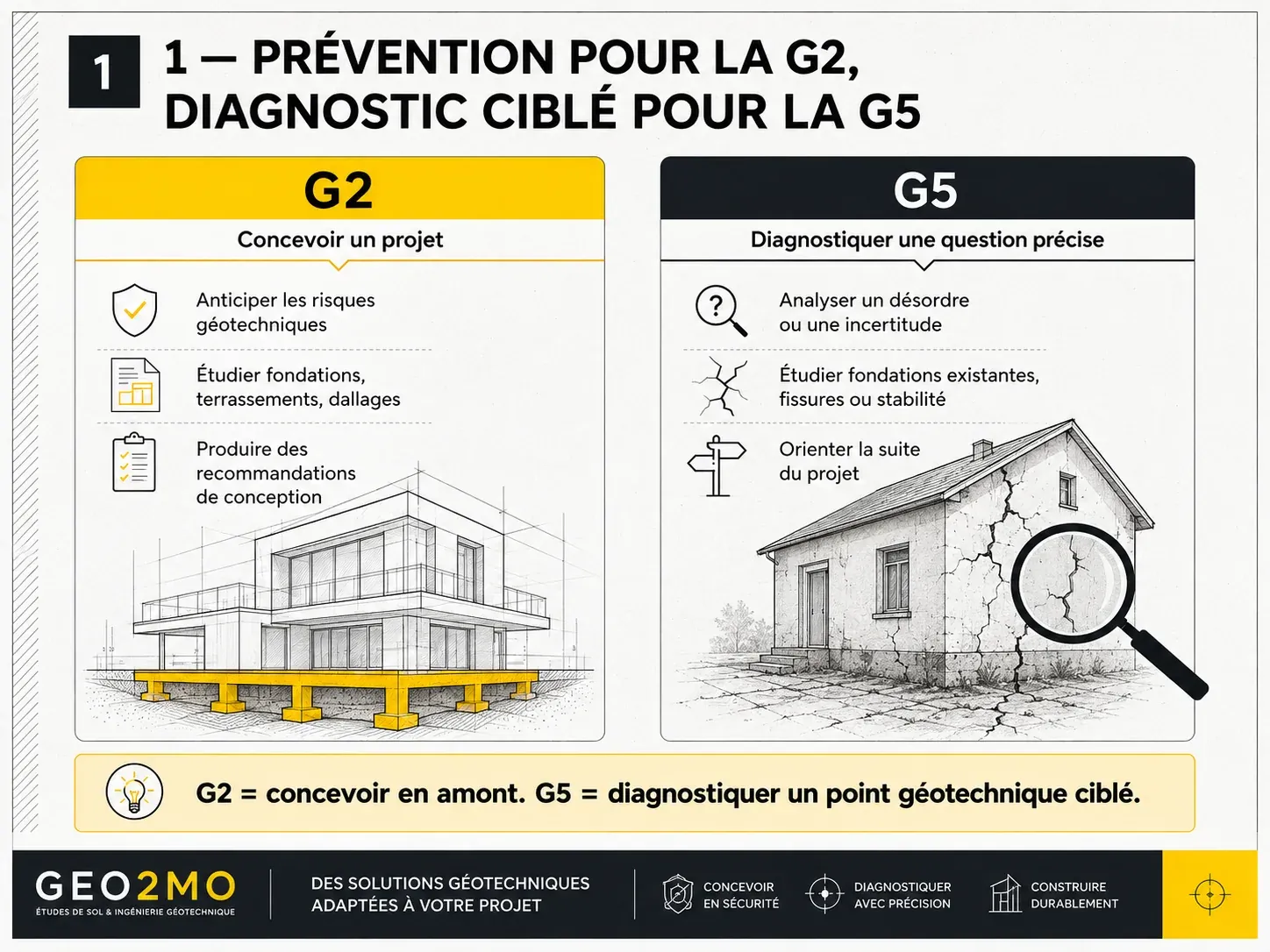Comparaison entre la mission G2 de conception et la mission G5 de diagnostic géotechnique ciblé