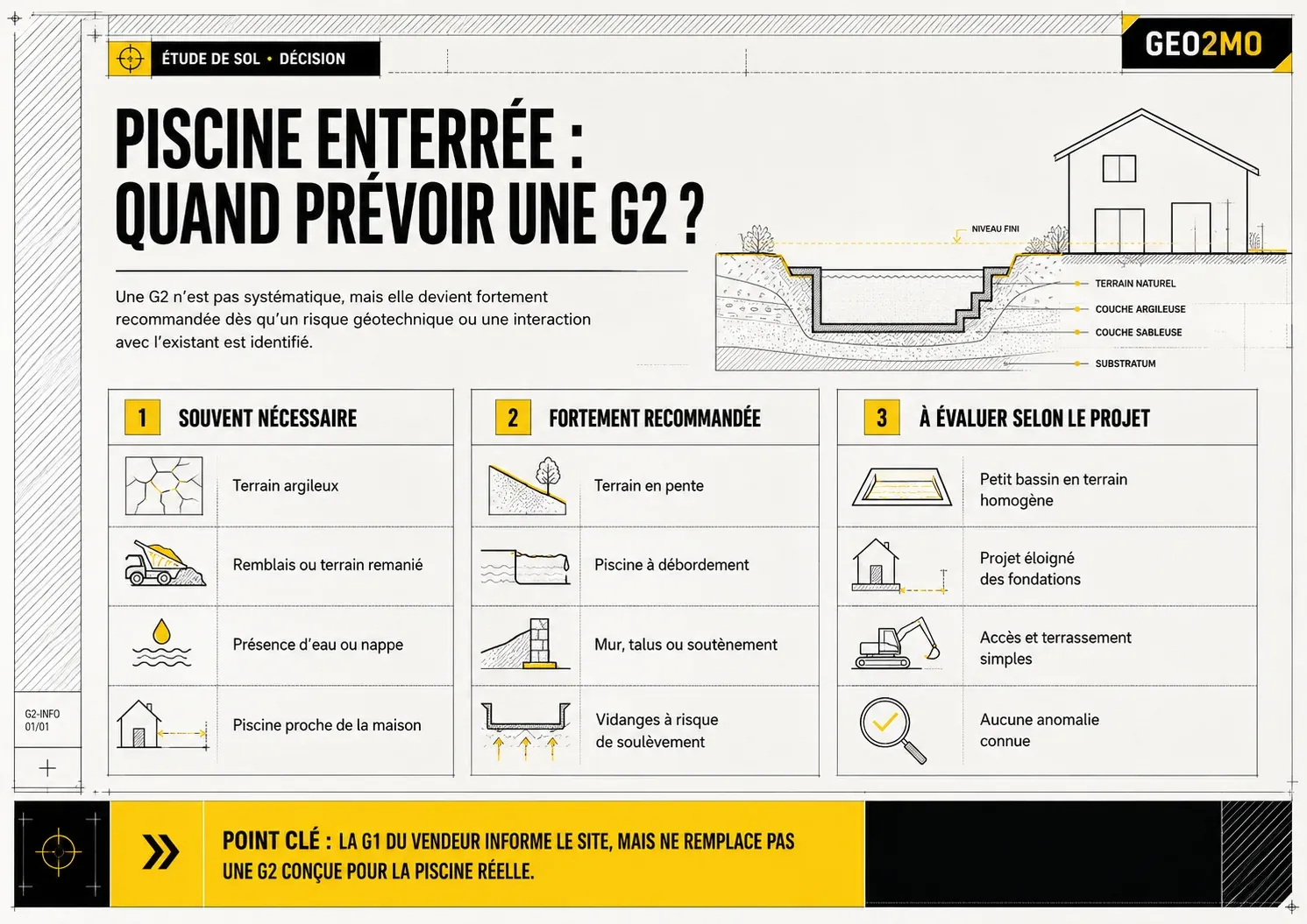 Situations dans lesquelles une étude de sol G2 est recommandée ou nécessaire pour une piscine enterrée