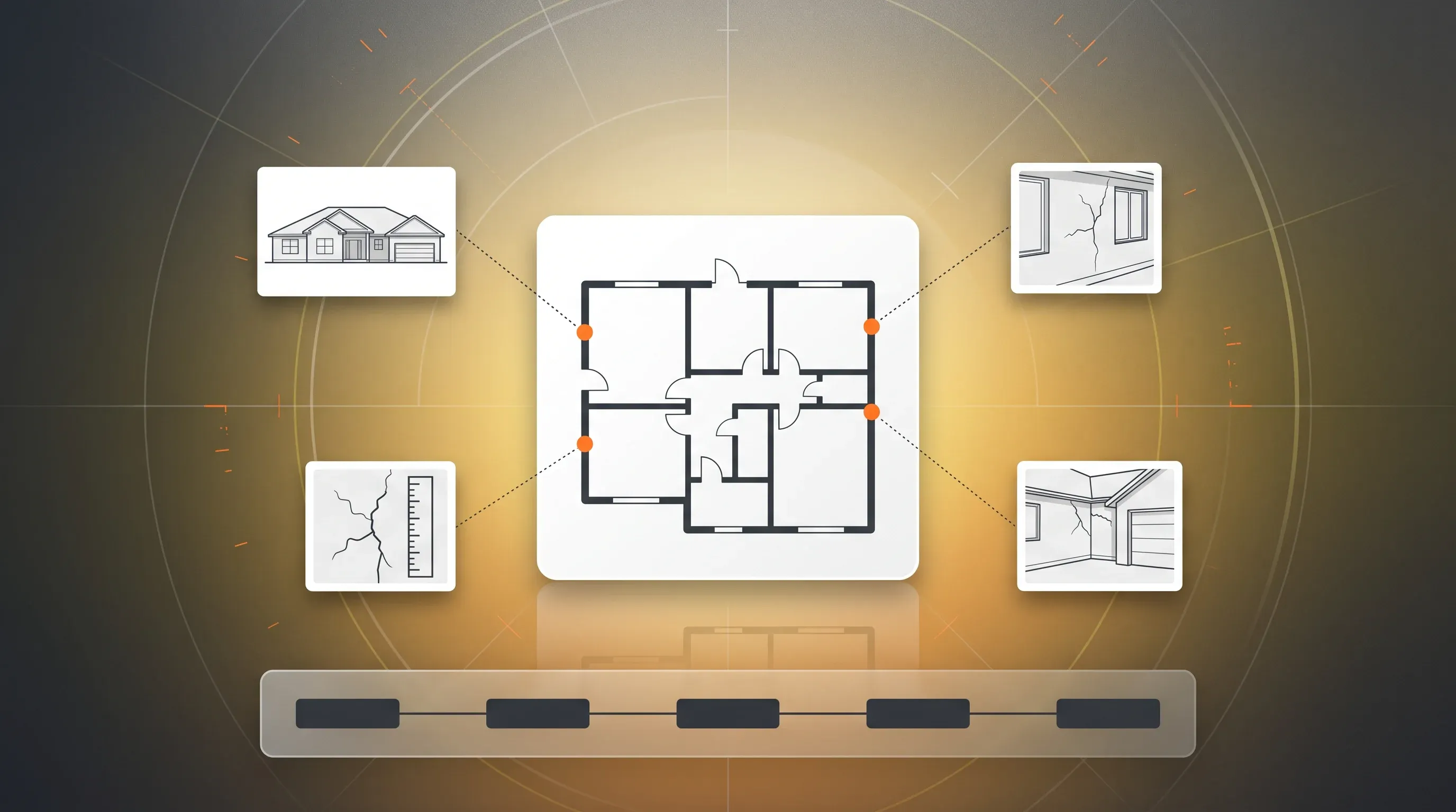 Plan de maison avec des repères de fissures reliés à des photos et une frise chronologique