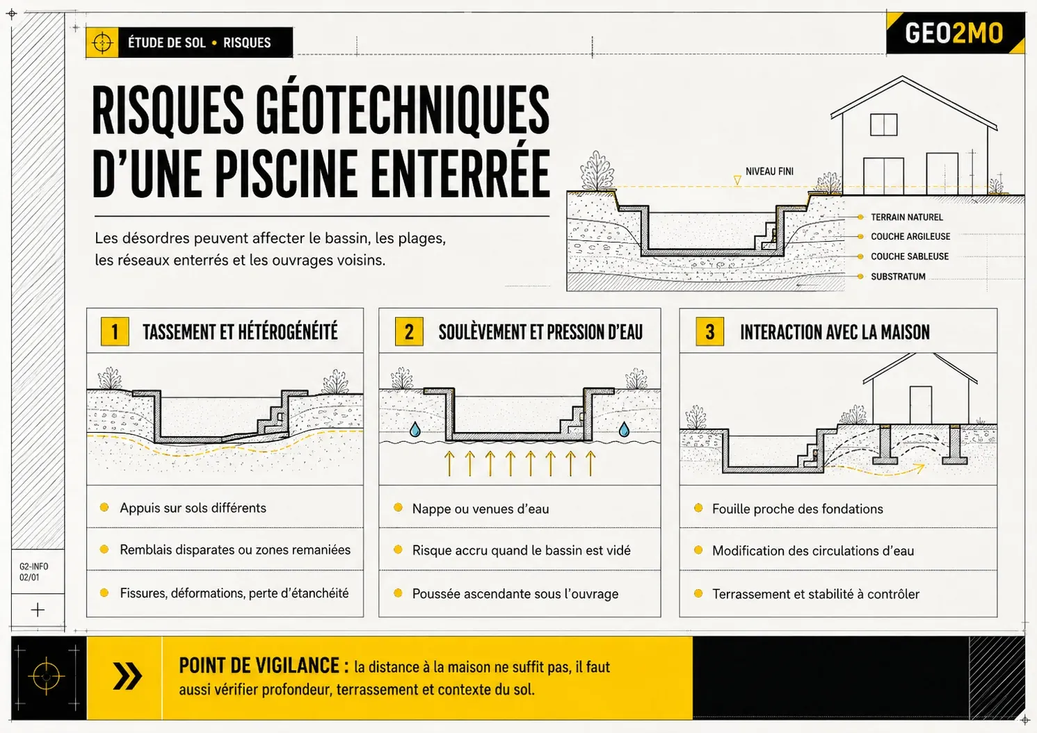 Principaux risques géotechniques d’une piscine enterrée : tassement, pression de l’eau et interaction avec la maison