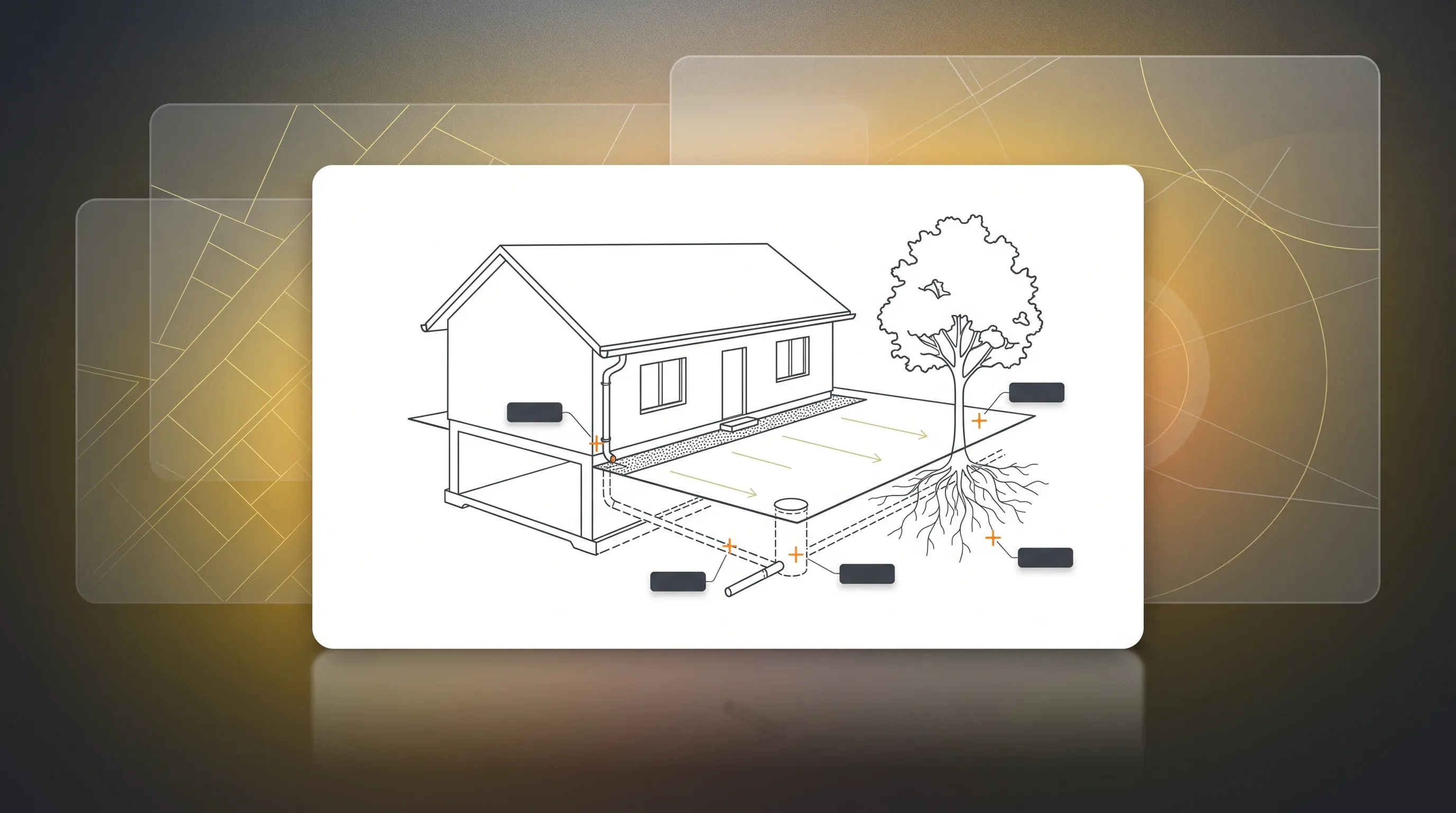 Coupe d’une maison et de son jardin avec descente pluviale, canalisations enterrées, regard et racines d’arbre