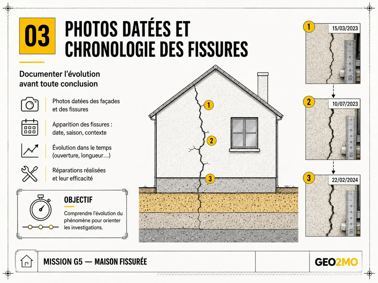 Méthode pour documenter les fissures avec des photographies datées et une chronologie