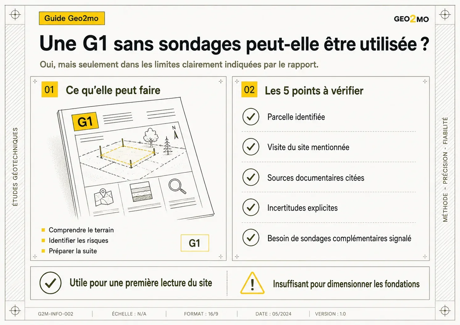Points à vérifier pour utiliser une étude de sol G1 sans sondages dans les limites de son rapport