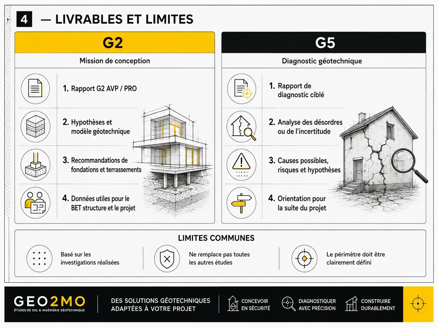 Comparaison des livrables et des limites des missions géotechniques G2 et G5