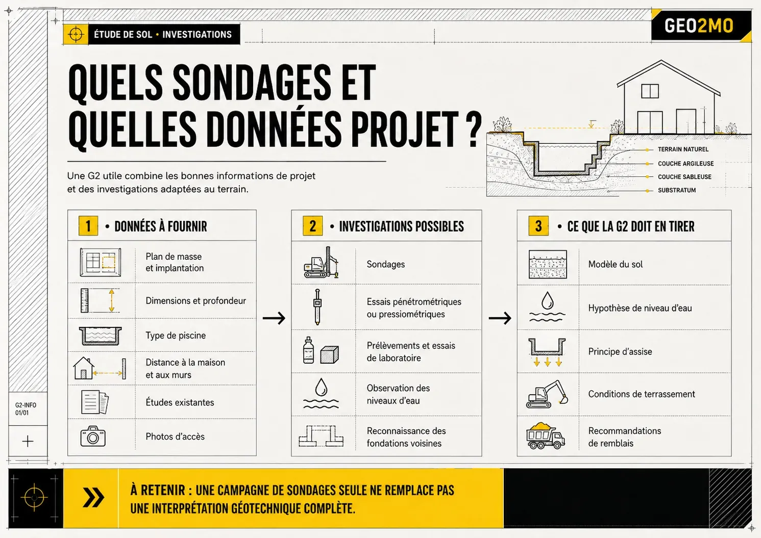 Données du projet et investigations géotechniques à prévoir pour une étude de sol G2 de piscine
