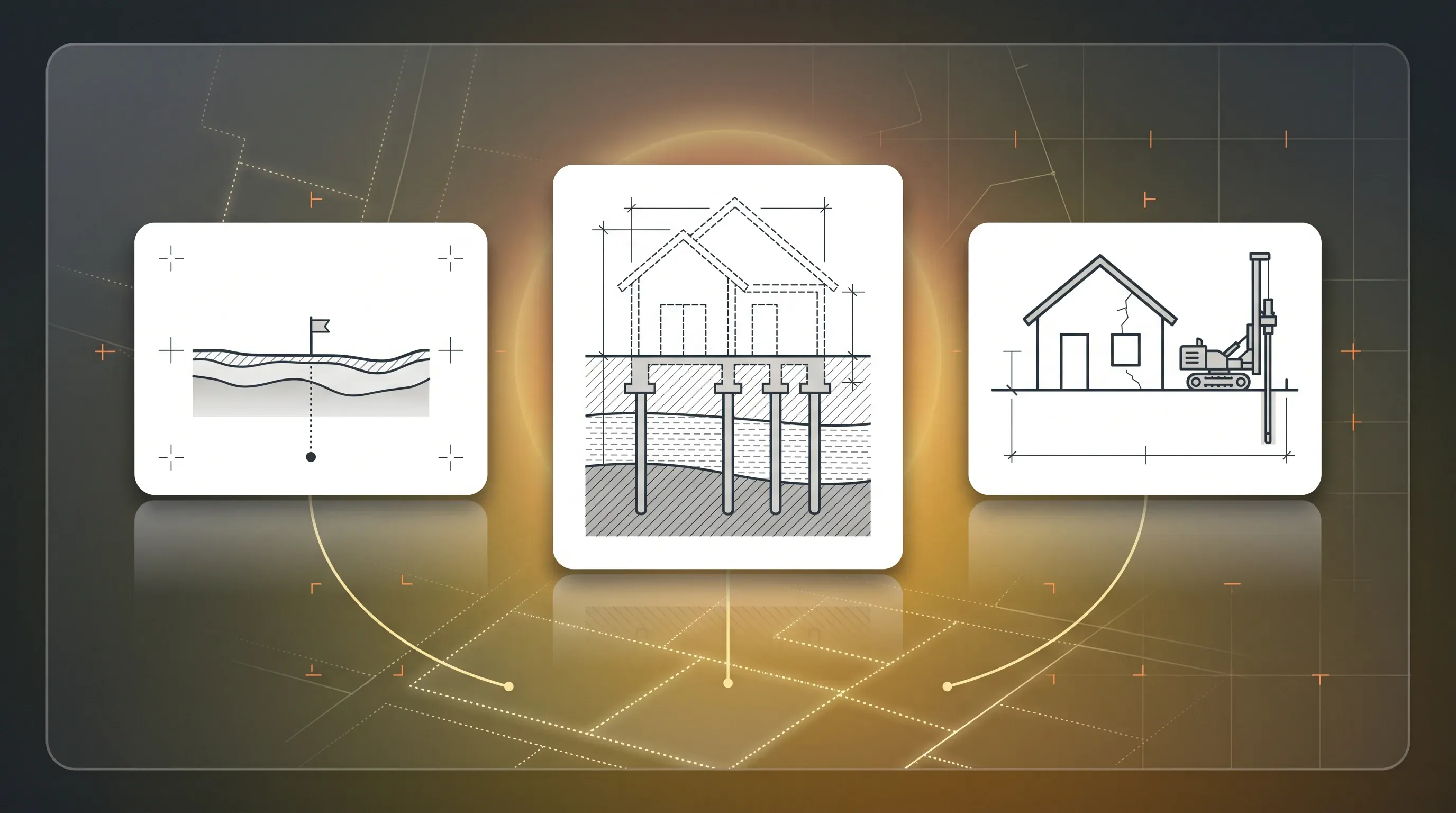 Trois modules : terrain nu avec piquet, maison en conception sur fondations profondes, maison fissurée avec sondeuse