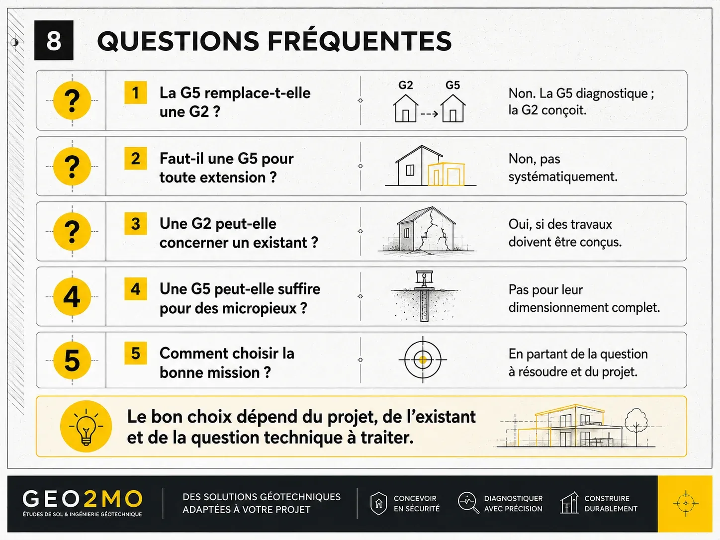 Réponses rapides aux questions fréquentes sur le choix entre une étude G2 et une mission G5