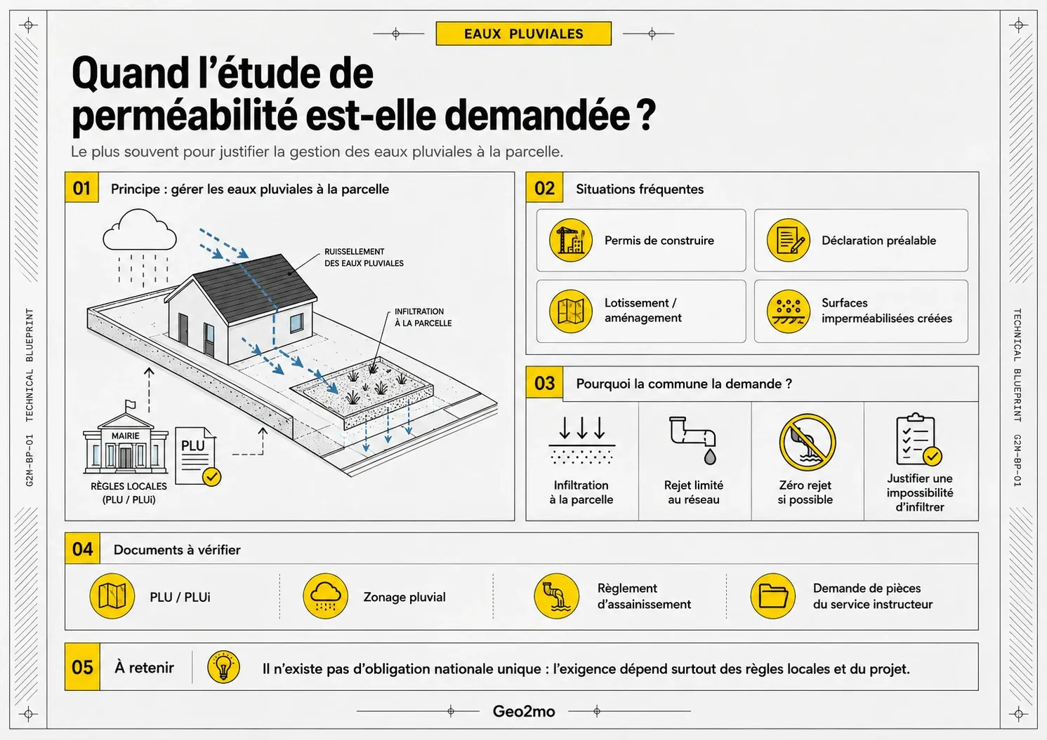Quand une étude de perméabilité des eaux pluviales peut être demandée et quels documents locaux vérifier
